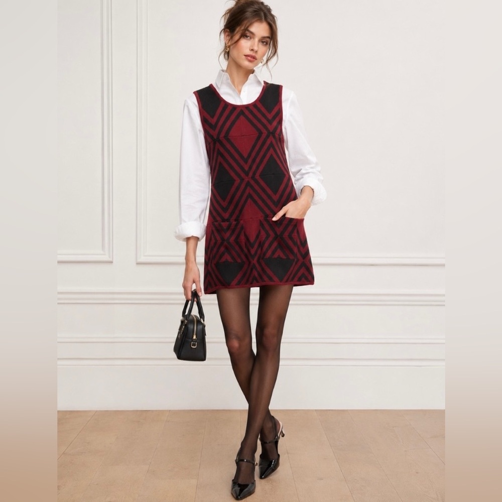 Alice + Olivia Burgundy and Black Geometric Sleeveless Wool Mini Dress